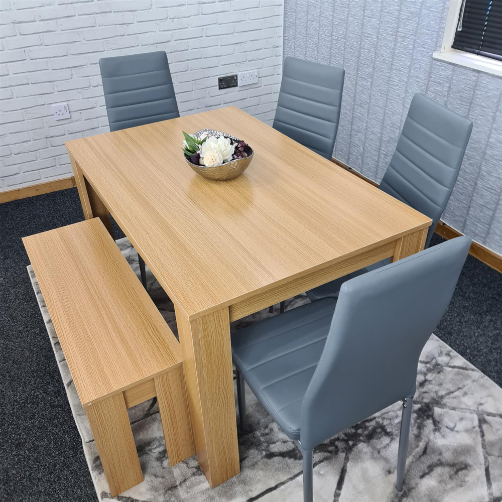 Portland 6 Seater Square Leather Dining Table Set Oak Effect and Grey Image 5