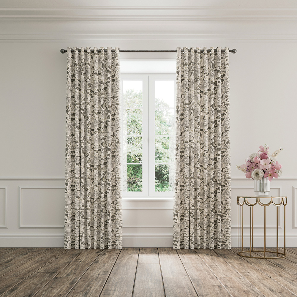 V&A Ornamental Bloom Linen and Grey Lined Blackout Pencil Pleat Curtains 229 x 183cm Image 4