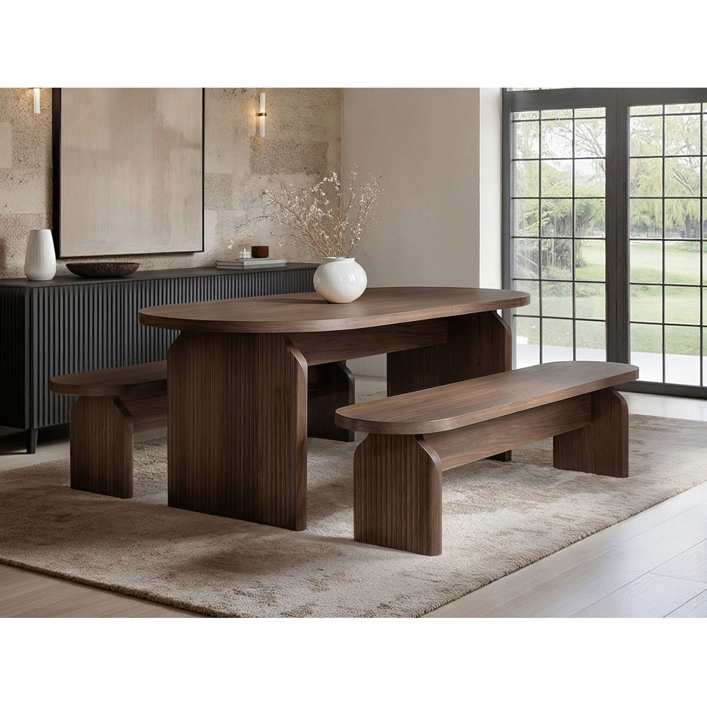 SOLACE+CO Varm Walnut Wood Effect 3 Seater Ribbed Dining Bench Image 5