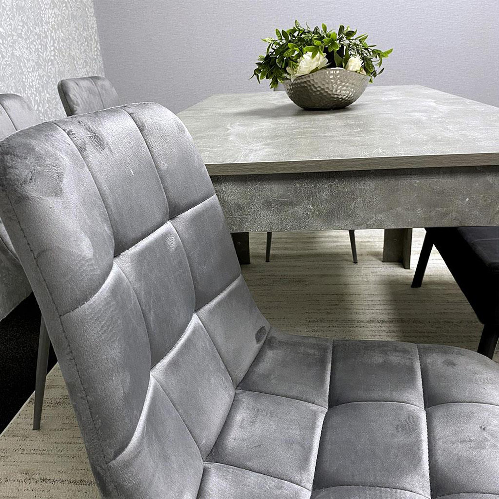 Portland 6 Seater Black and Grey Dining Table Set with Padded Bench and Velvet Chairs Image 4