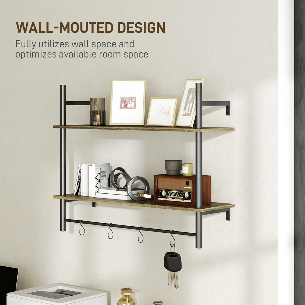 Portland 2 Tier Grey Wall Shelf Unit with 4 Hooks Image 6