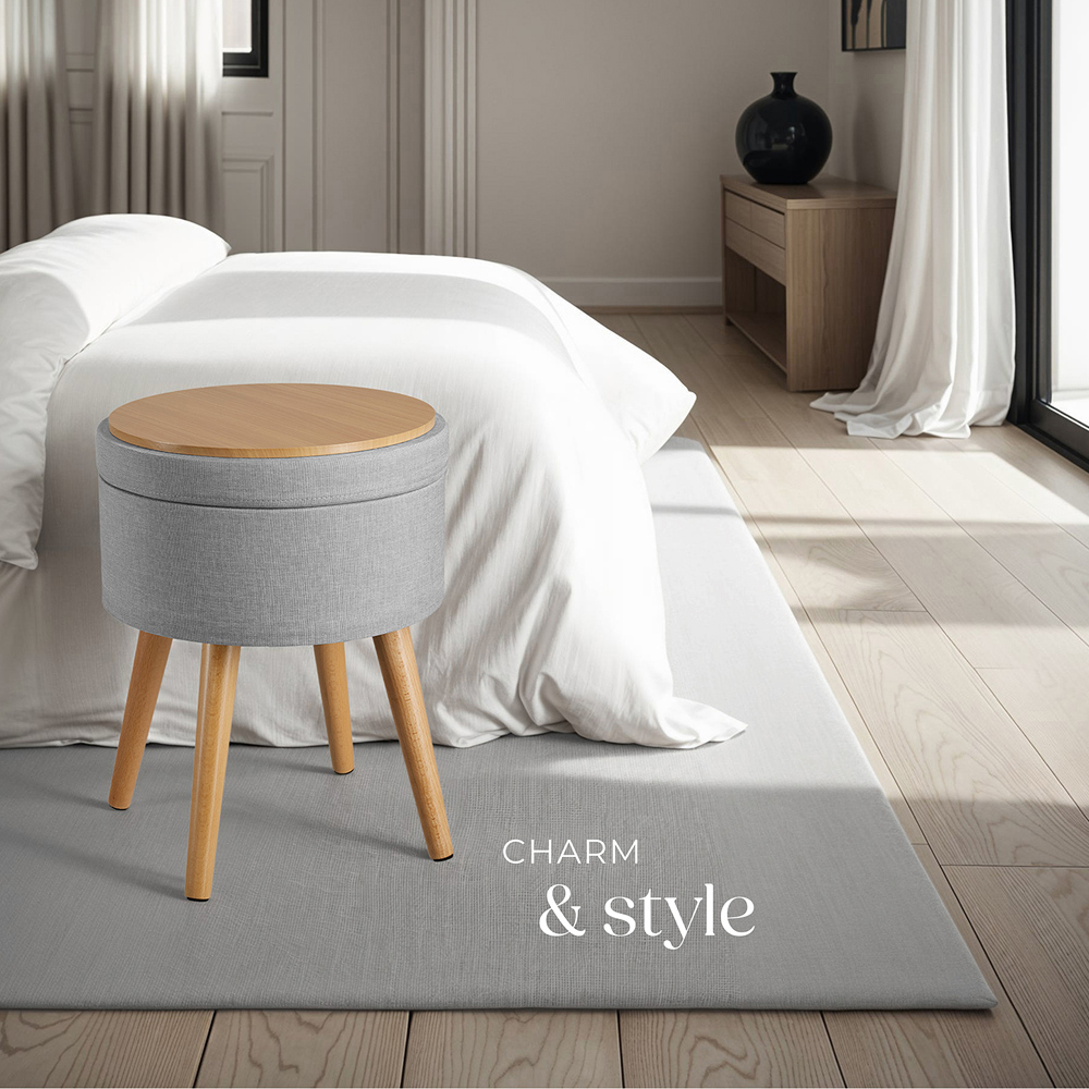 tectake Yara Light Grey Linen Look Padded Round Stool with Storage Image 8