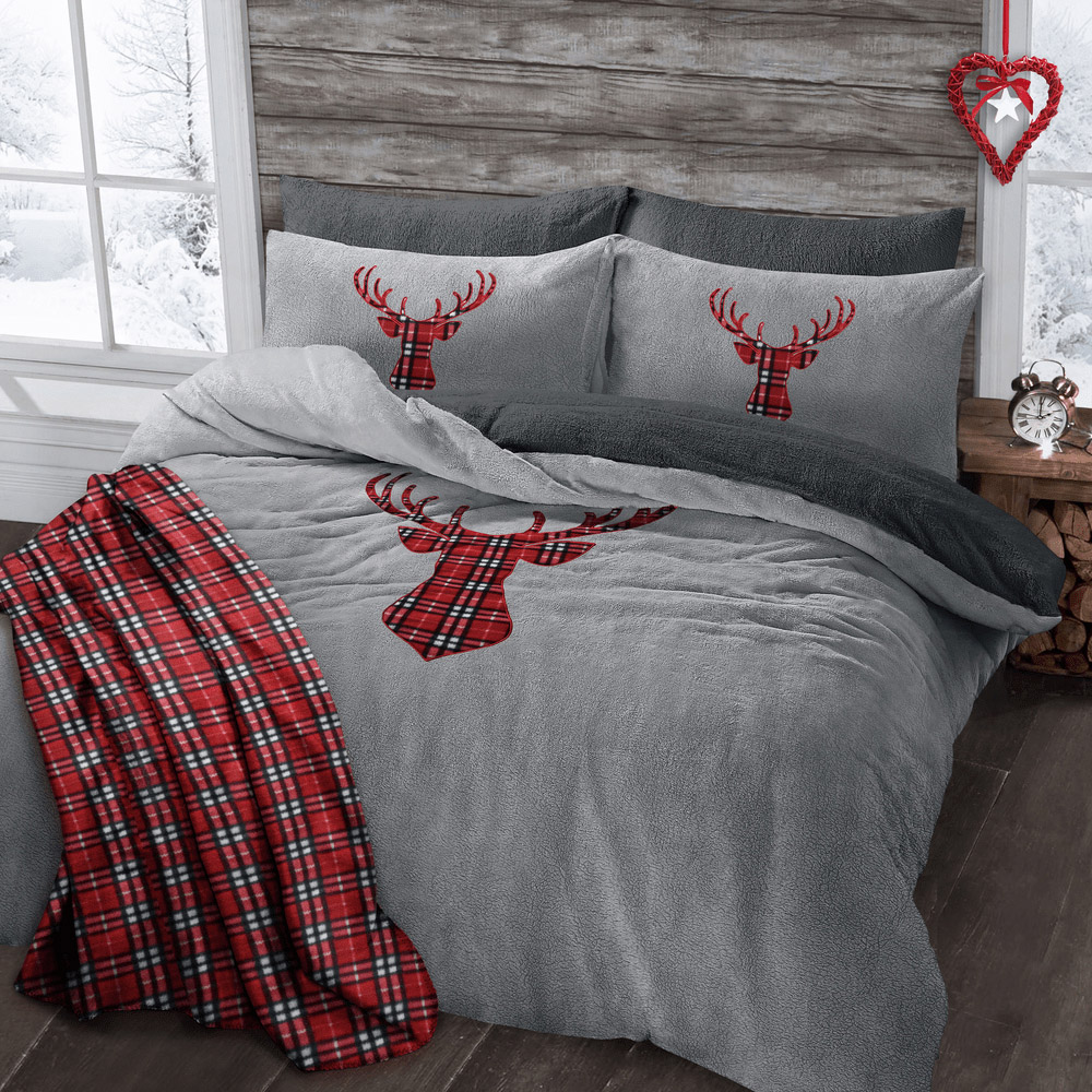 Velosso Single Silver Stag Head Teddy Fleece Duvet Set Image 2