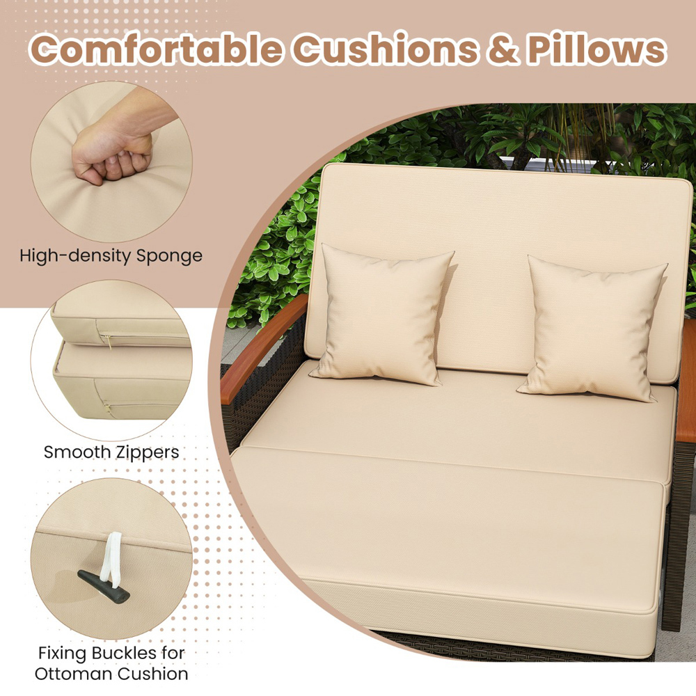 Costway 2 Seater Rattan Woven Daybed with Storage Ottoman Image 7