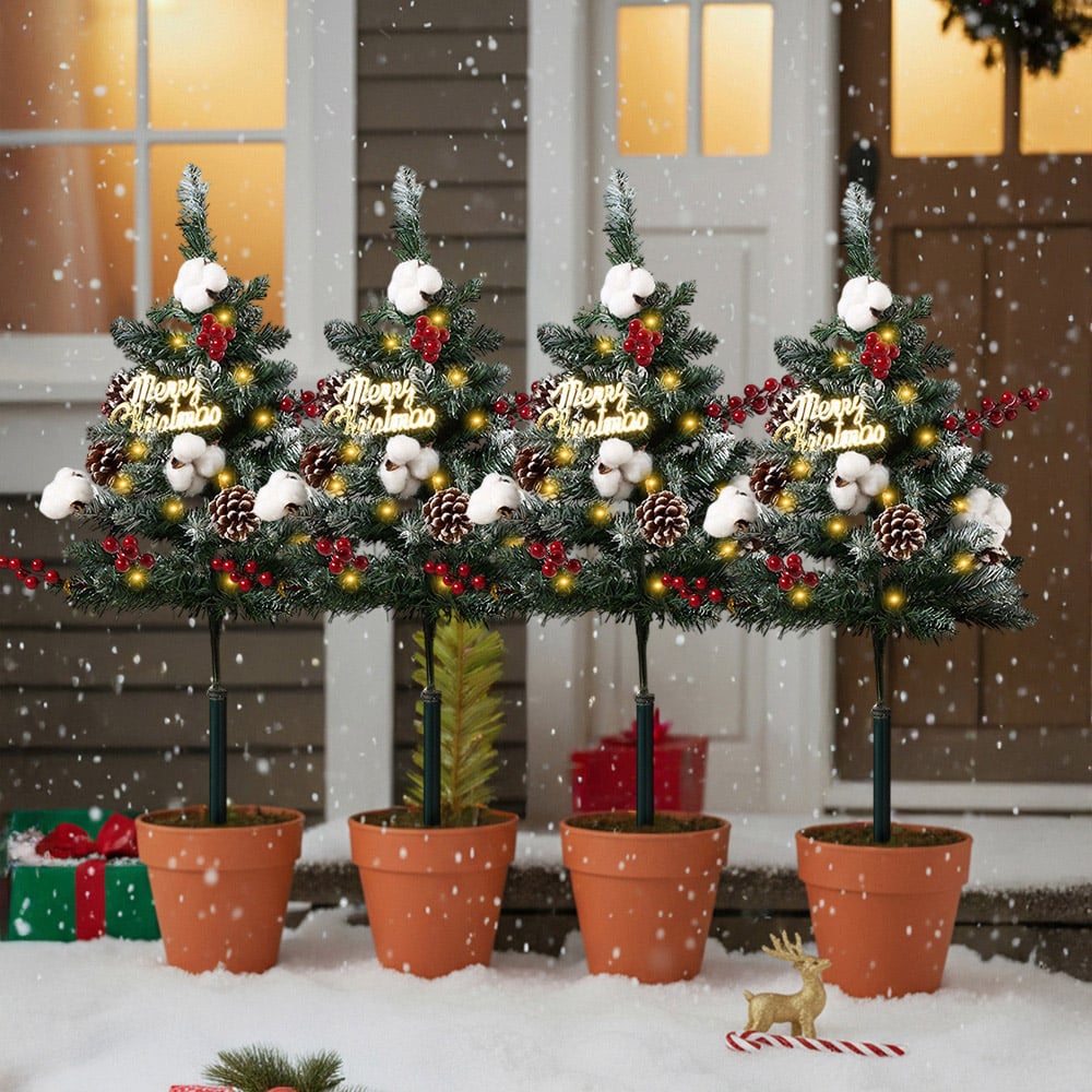 Living and Home Solar-Powered Pre-Lit Artificial Christmas Tree with Berries 2.7ft 4 Pack Image 2