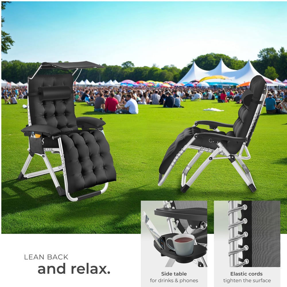 tectake Cirrus Black Set of 2 Folding Plush Padding Sun Lounger with Sun Shade Image 5