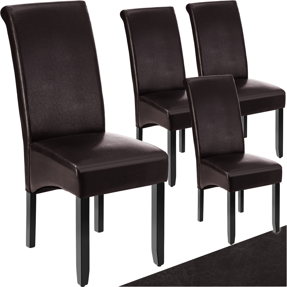 tectake Set of 4 Brown Faux Leather High Backrest Dining Chair Image 2