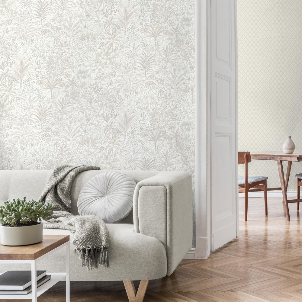 Vymura Capri Palm Landscape White and Silver Vinyl Wallpaper Image 4