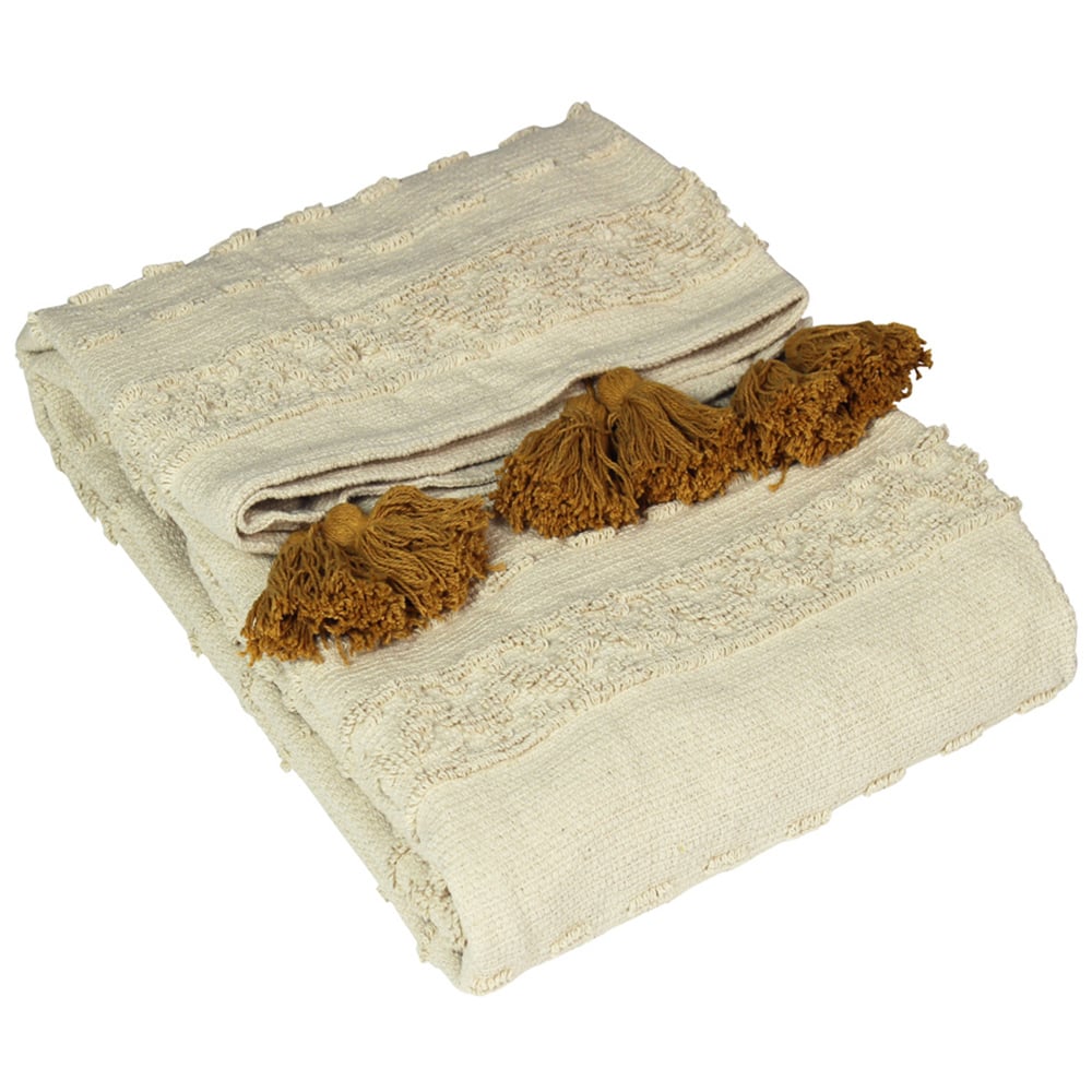 furn. Boho Ochre Woven Tasselled Throw 130 x 180cm Image 1