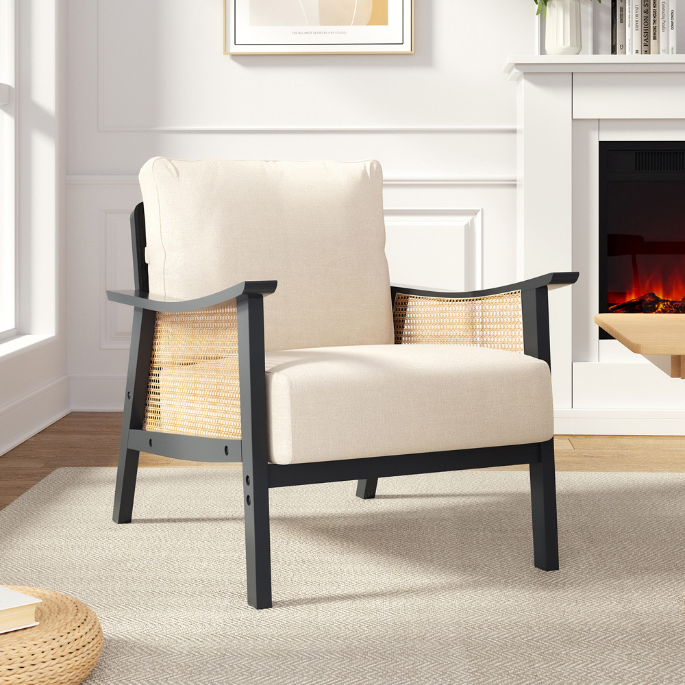 Living and Home Black Fabric Cushion Mid Century Rattan Chair Image 3