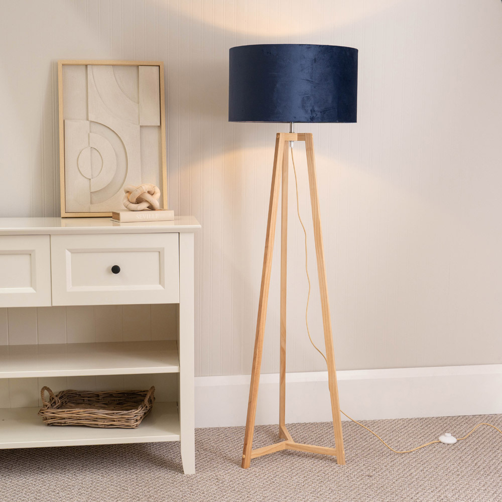 ValueLights Lottie Navy Blue Velvet Drum Shade Natural Wood Tripod LED Floor Lamp Image 2