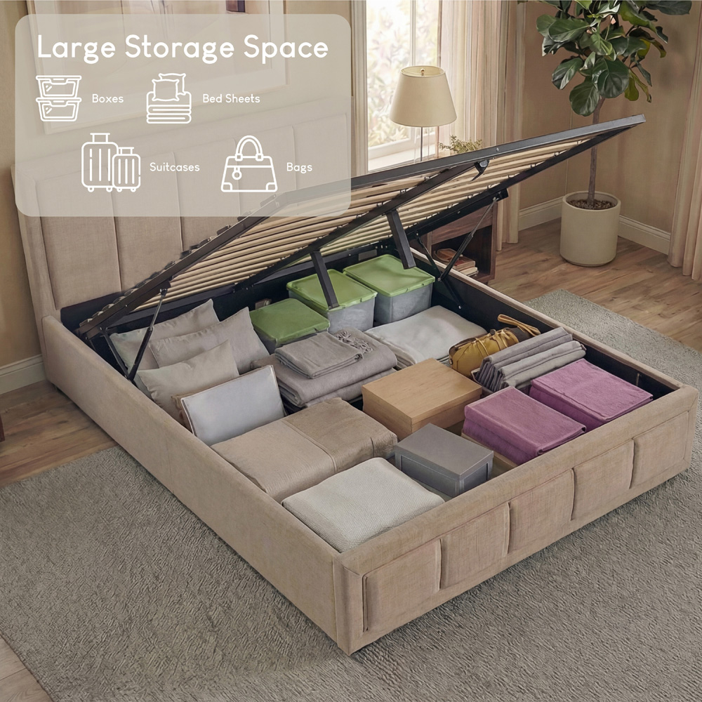 VIDA DESIGNS Vanita Double Beige Linen Ottoman Bed with Padded Headboard Image 5