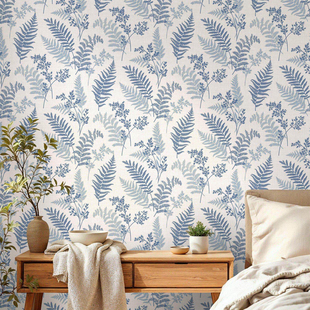 Fine Décor Fern Textured Linen Fabric Effect Blue Wallpaper Image 3