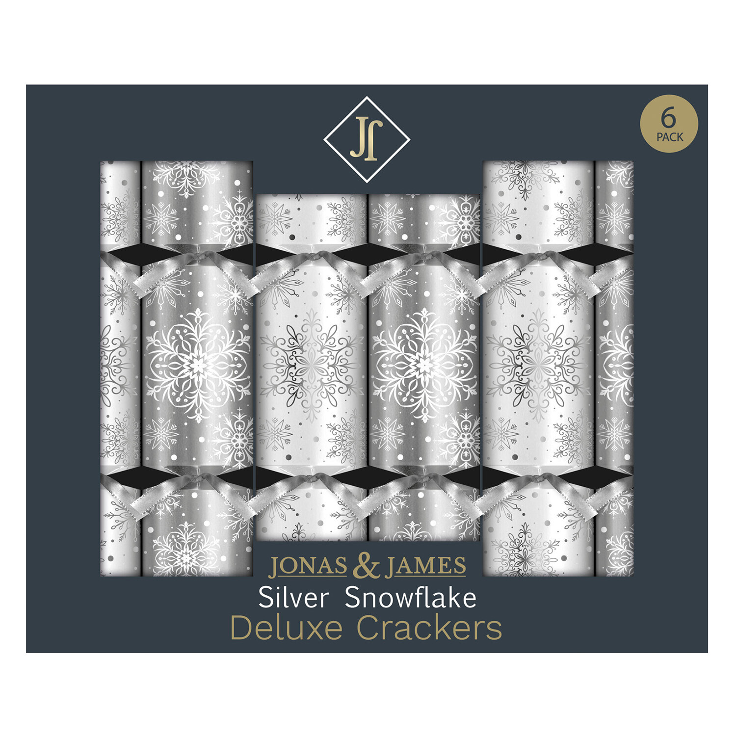 Jonas & James Pack of 6 Silver Snowflake Deluxe Crackers - Silver Image