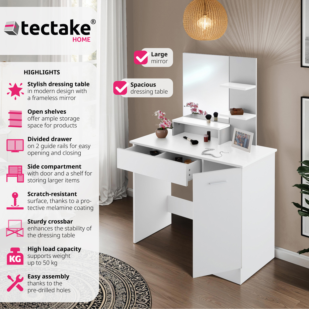 tectake Zoe Single Door Single Drawer White Dressing Table with Mirror Image 5