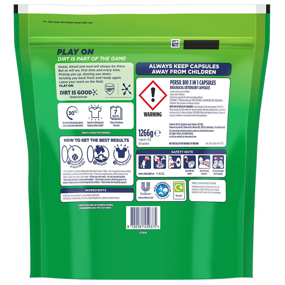 Persil Bio 3 in 1 Laundry Washing Capsules 60 Washes 1.266kg 2 Pack Image 3