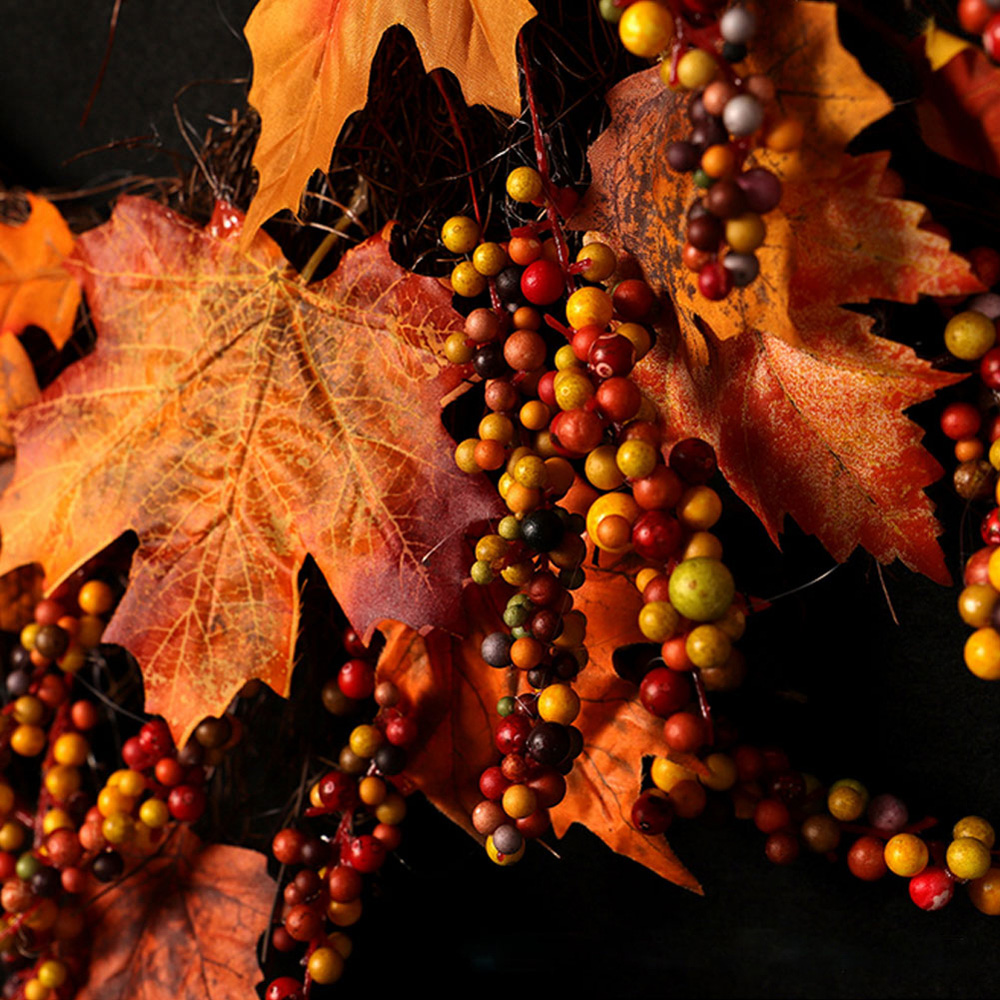 Living and Home Rattan LED Wreath with Maple Leaves Twigs and Berries 45cm Image 6
