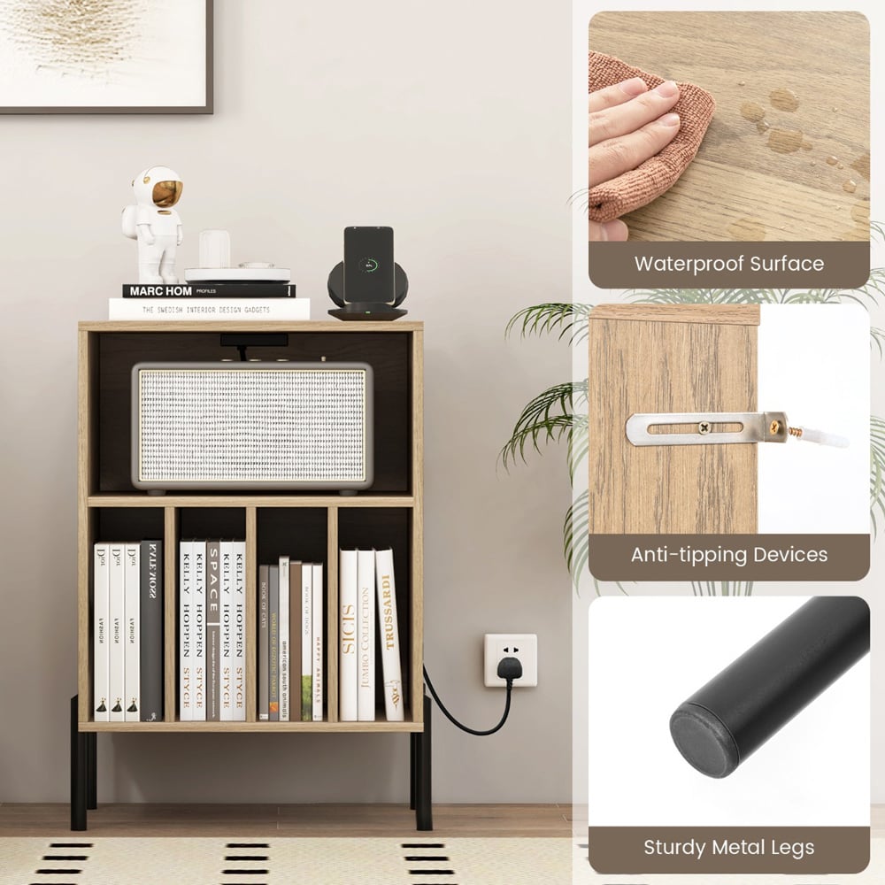 Costway 5 Compartment Natural Record Player Stand with Charging Station Image 5