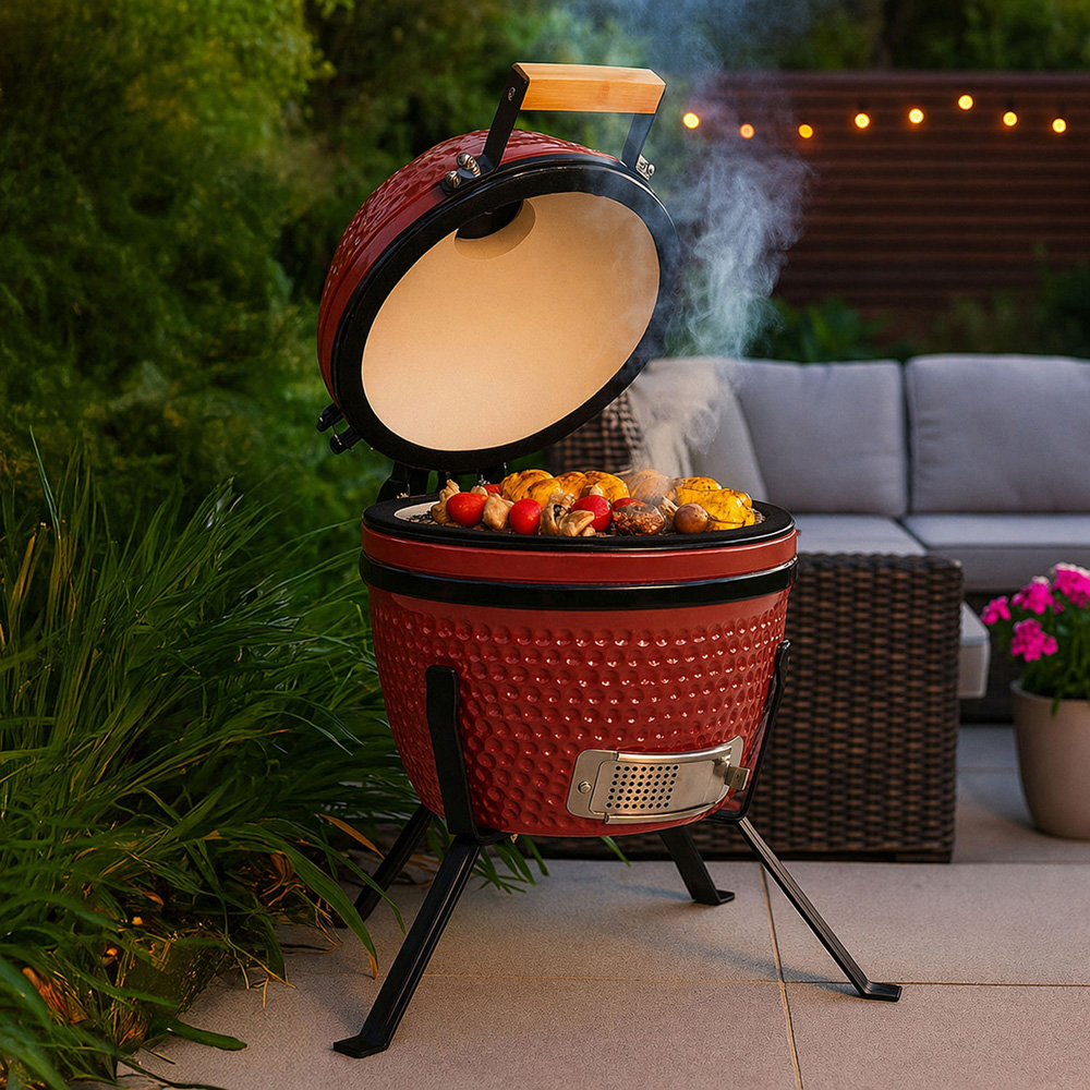 Neo Kamado Red Portable Ceramic 13 inch Mini BBQ Grill Smoker with Stand Image 2