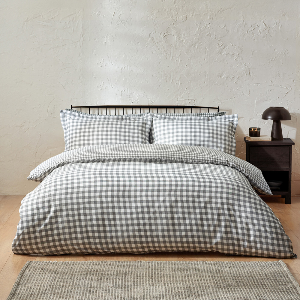 Yard Barton Single Grey Check Printed 144 Thread Count Duvet Cover and Pillowcase Set Image 1