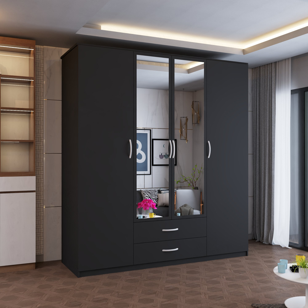 Sliding Wardrobes 4U London 4 Door 2 Drawer Black Hinged Central Mirrored Wardrobe 171cm Image 5
