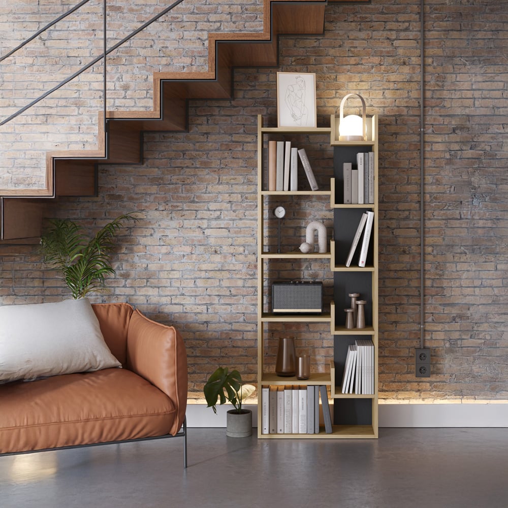 Decortie Oppa 8 Tier Oak and Black Zigzag Shelf Bookcase Image 5