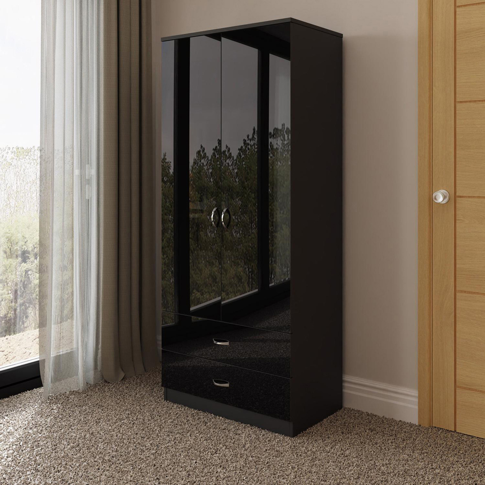 FWStyle Chilton 2 Door 2 Drawer Black Gloss Wardrobe Image 6