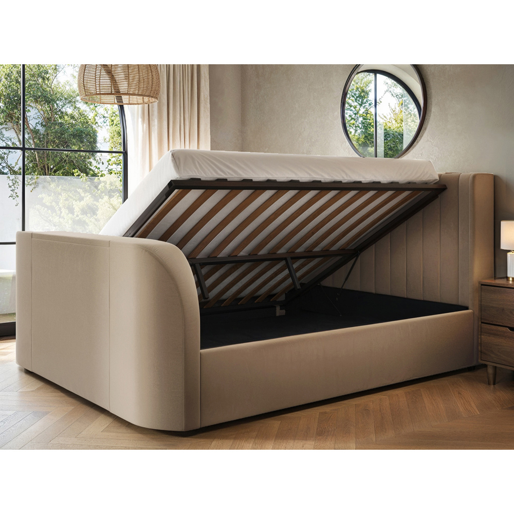 Flair Fallon King Size Beige Velvet TV Side Lift Ottoman Bed Image 5