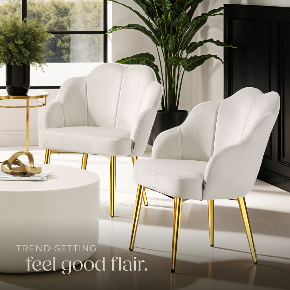 tectake Hellen Set of 2 Cream and Gold Shell Shaped Velvet Accent Chair Image 8