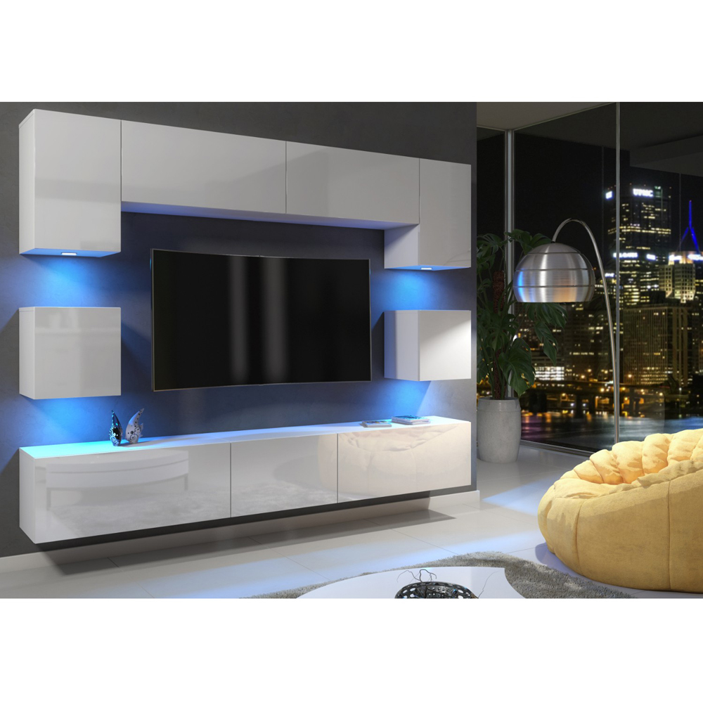 Creative Furniture Panorama White and White Gloss 9-Piece Wall TV Unit with LED Image 4