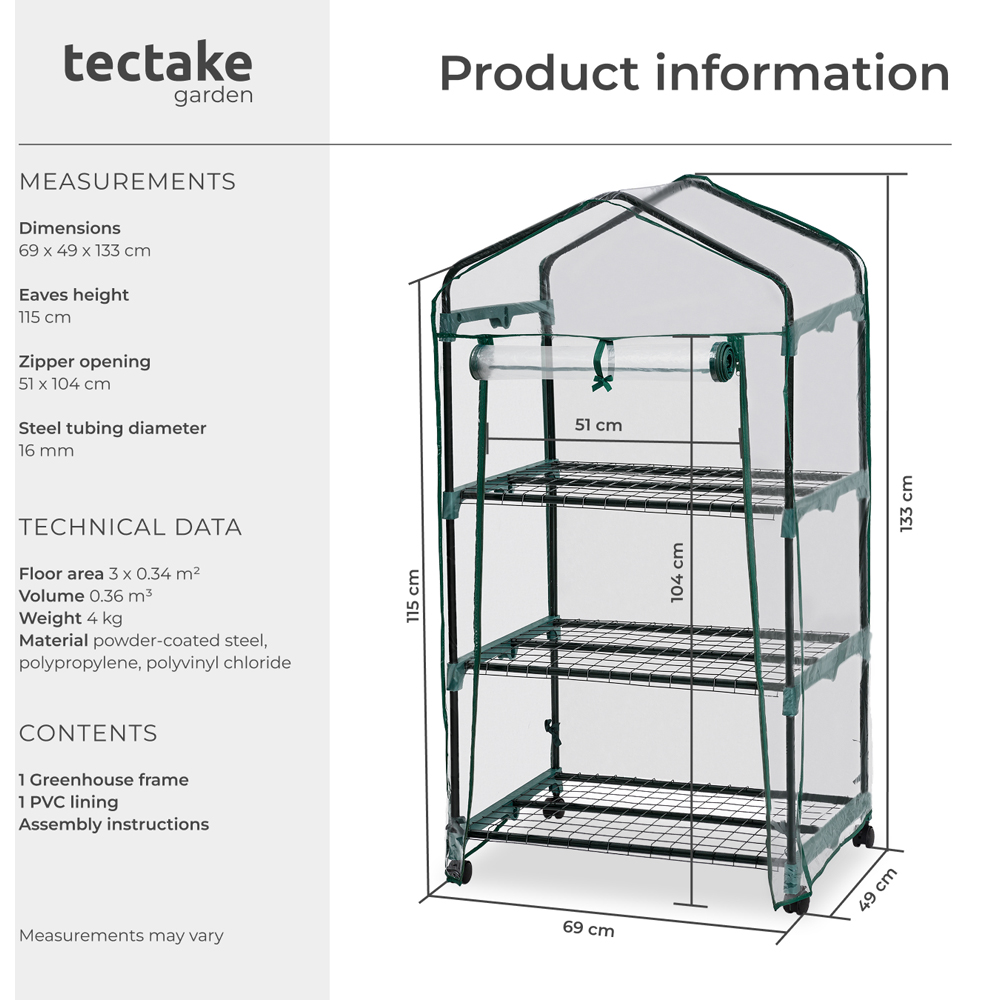 tectake 3 Shelf 1.6 x 2.2ft Greenhouse with Tarpaulin Cover and Wheels Image 9