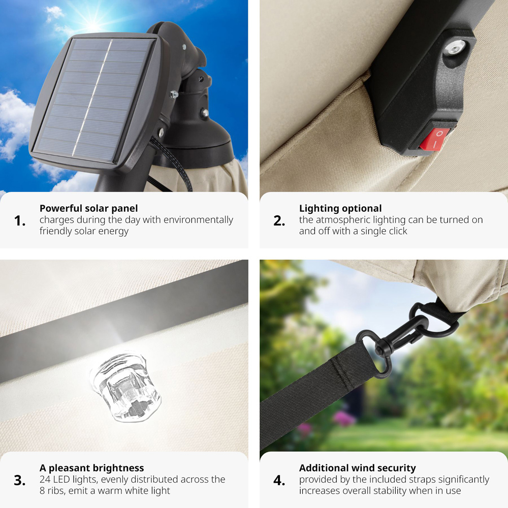 tectake Sunna Beige Solar LED Lighting Parasol 2.5 x 2.5m Image 4