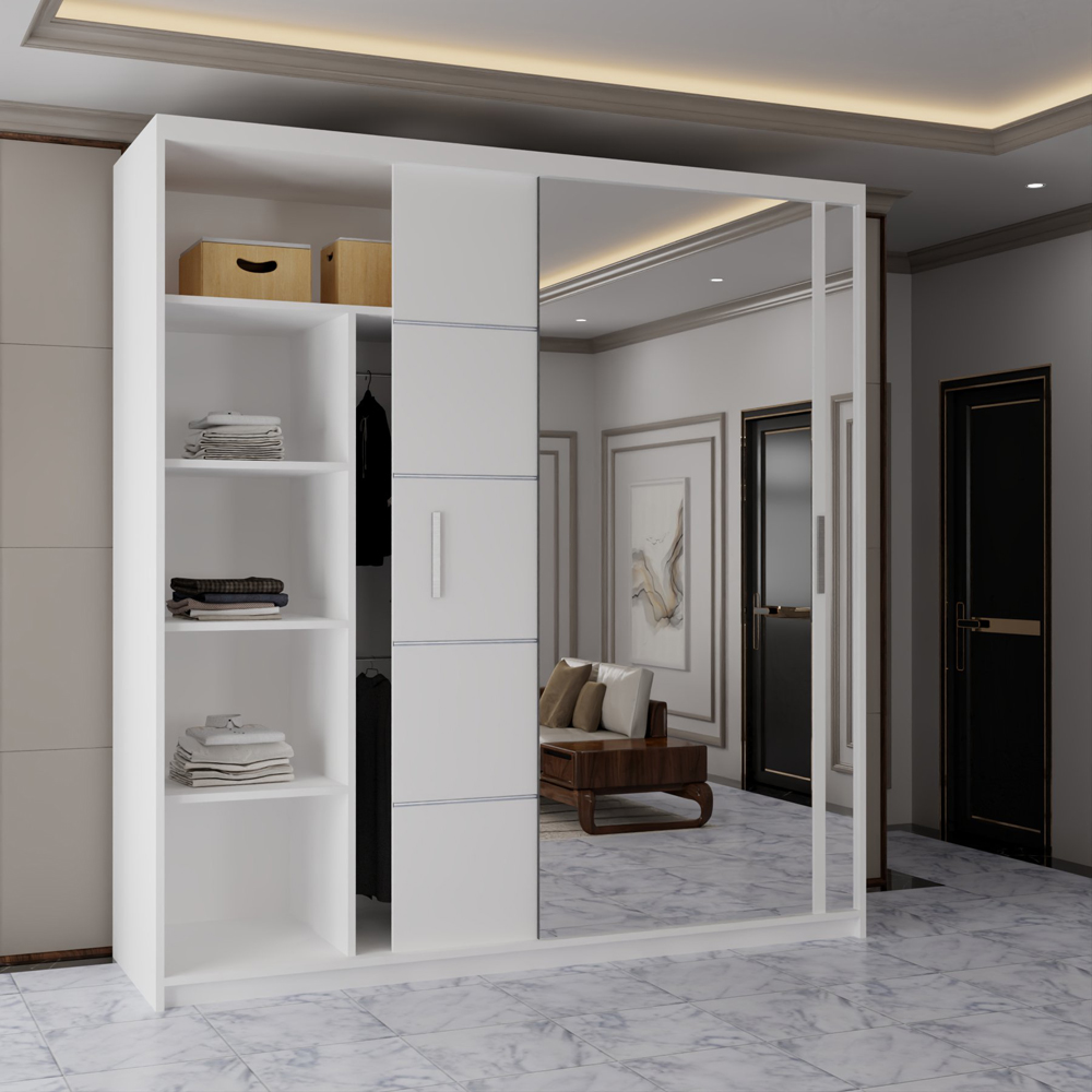 Sliding Wardrobes 4U 2 Sliding Door White Modern Wide Mirrored Wardrobe with Adjustable Shelf Image 3
