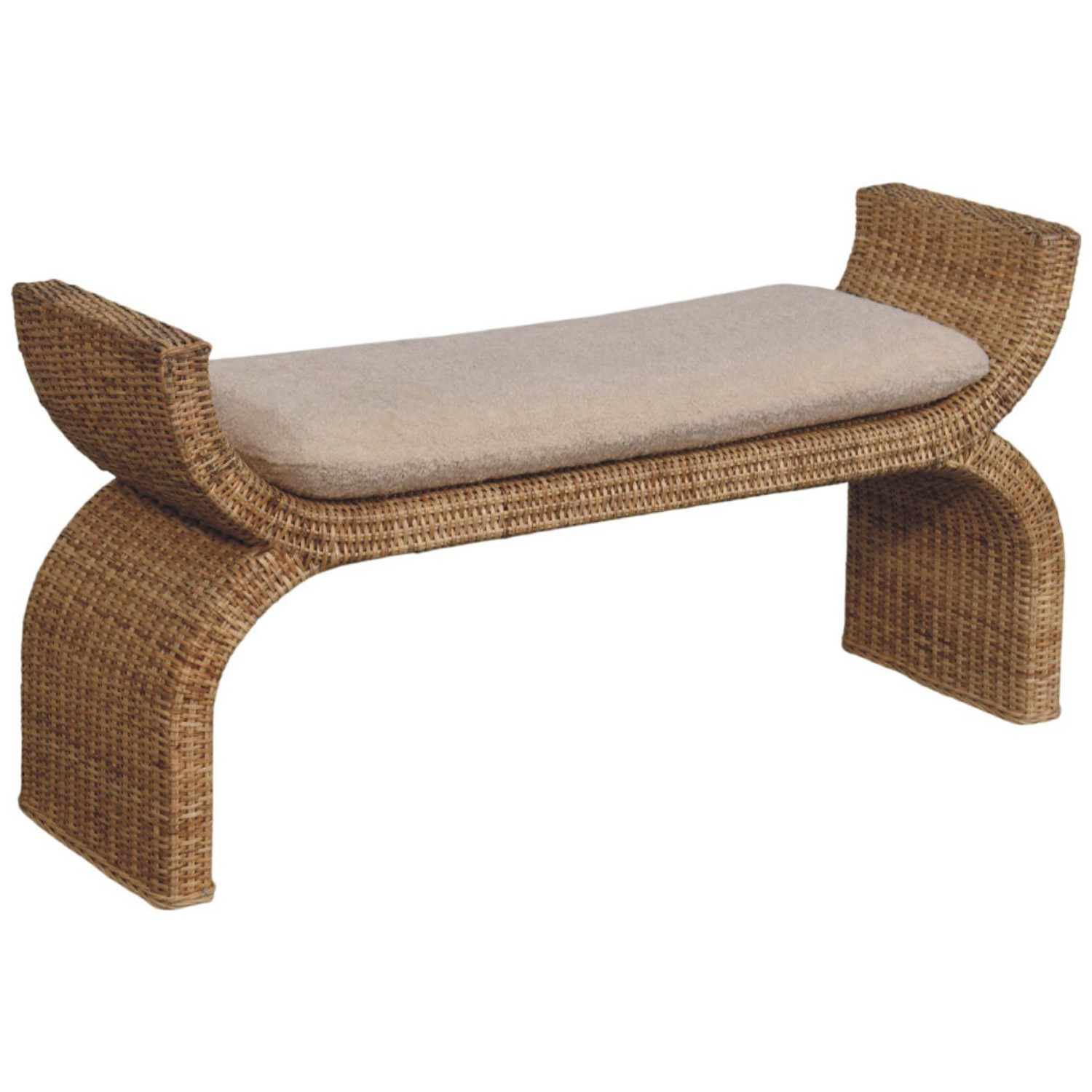 Artisan Furniture Brown and Cream Rattan Weave Boucle Upholstered Solid Wood Bench Image 5
