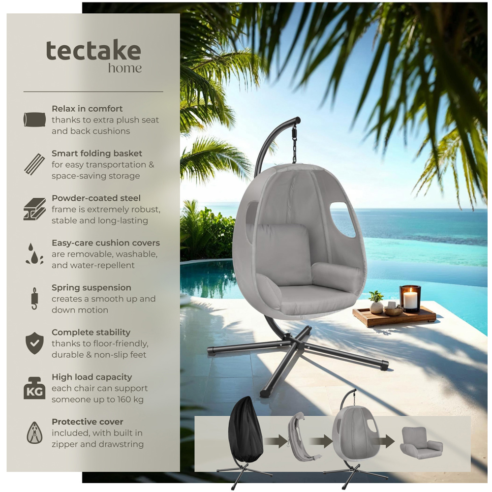 tectake Anika Light Grey Hanging Egg Chair Image 5