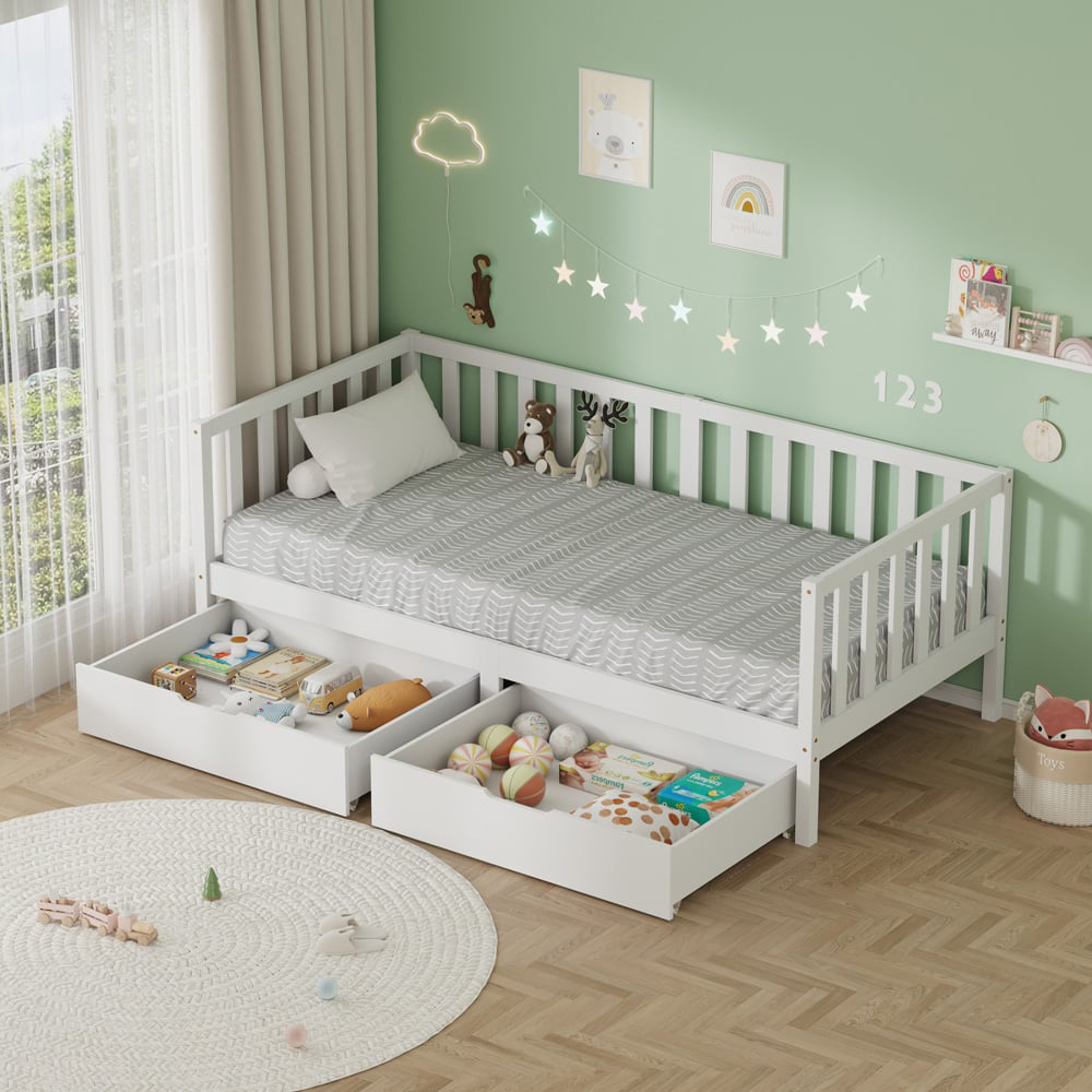 FurnitureHMD 2 Drawer White Pine Wood Kids Bed Frame Image 9