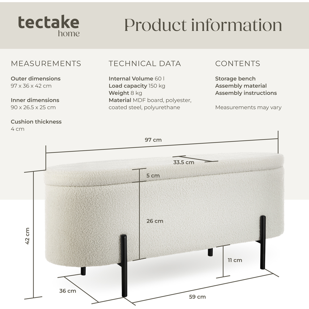 Tectake Lanja 2 Seater Cream Upholstered Storage Bench Image 8