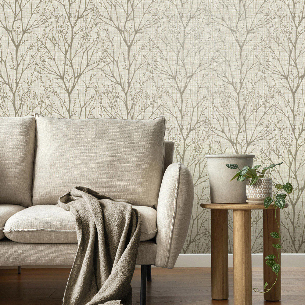 Crown Lynford Trees Fabric Effect Natural Wallpaper Image 3