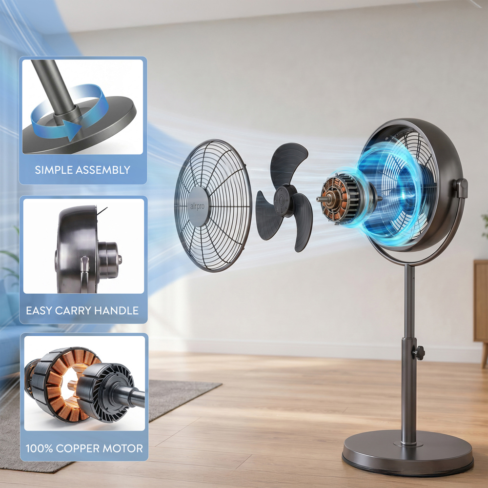 Air Pro Grey Brushed Height Adjustable Oscillating Pedestal Standing Fan with Remote 8 inch Image 4