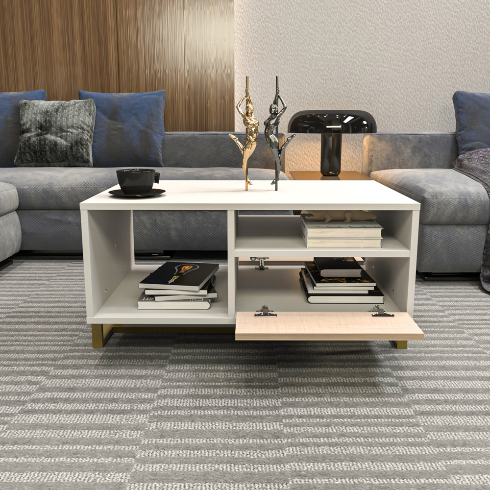Decorotika Utopie 2 Door 2 Shelf White and Beige Modern Coffee Table Image 6