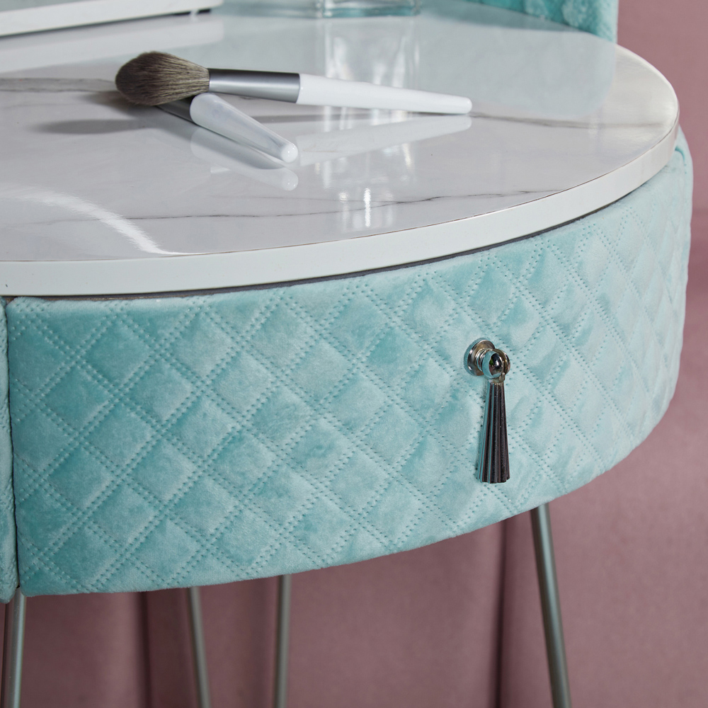 CARME Home French Riviera Single Drawer Baby Blue Velvet Dressing Table Set with LED Mirror Image 3