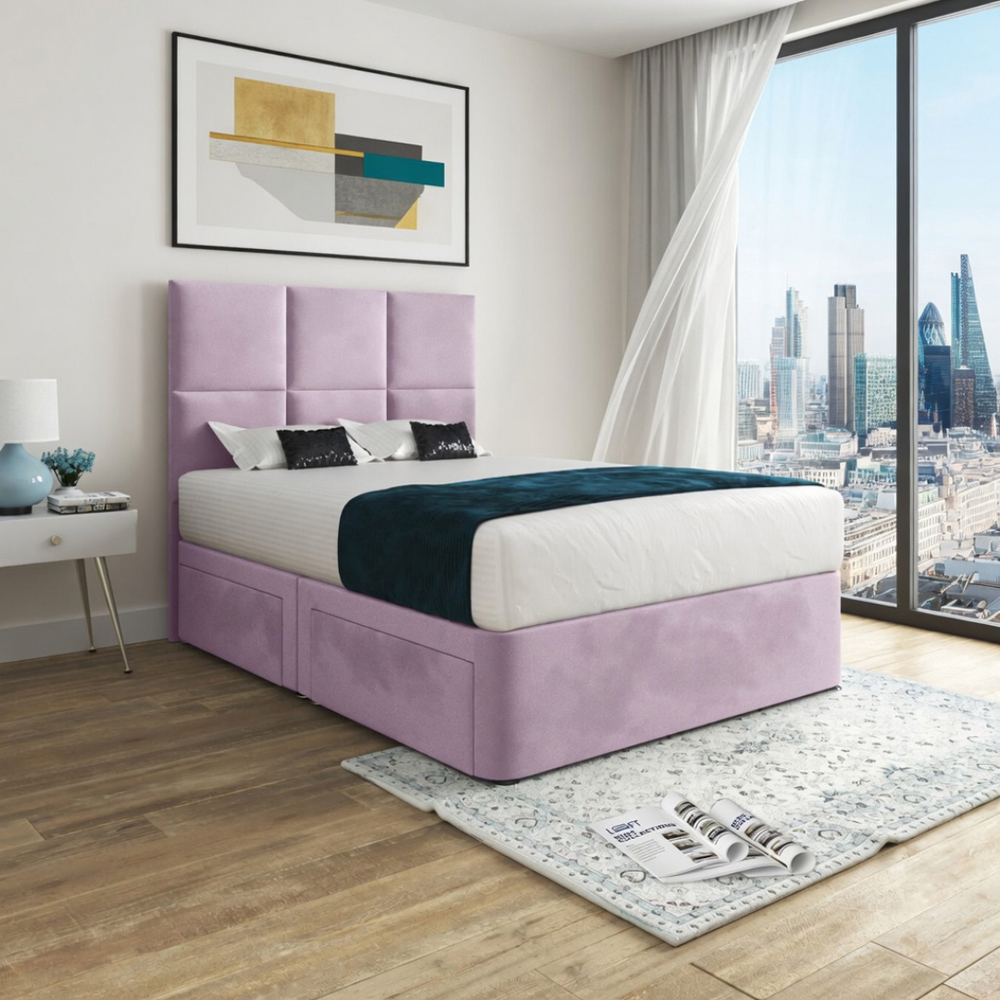 Caprio Pink King Size Upholstered Divan Bed Frame with Floorstanding Cube Headboard Image 5