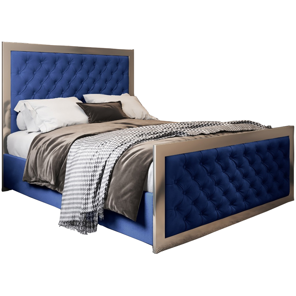 Maddison Blue Double Velvet Upholstered Metal Bed Frame with Padded Headboard Image 2