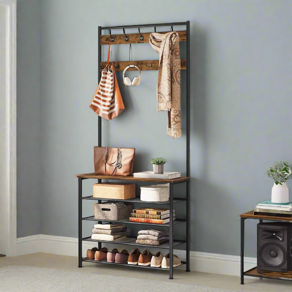 Modcraft 5 Shelf 9 Hooks Rustic Brown Industrial Coat Stand Image 2