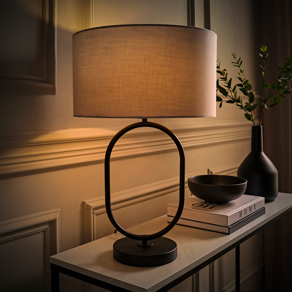 ValueLights Antonia Grey Fabric Drum Shade Matte Black Oval LED Table Lamp Image 6