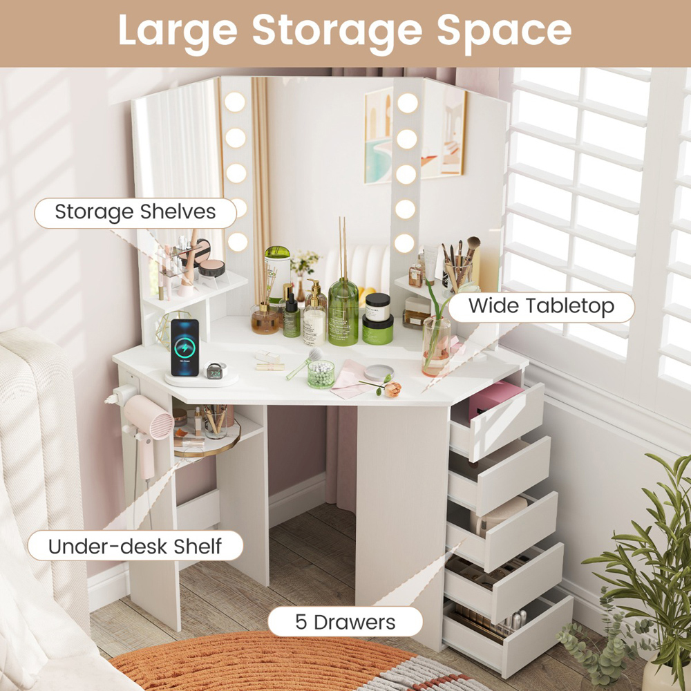 Costway White Vanity Desk with Lighted Mirror and Power Outlet Image 8