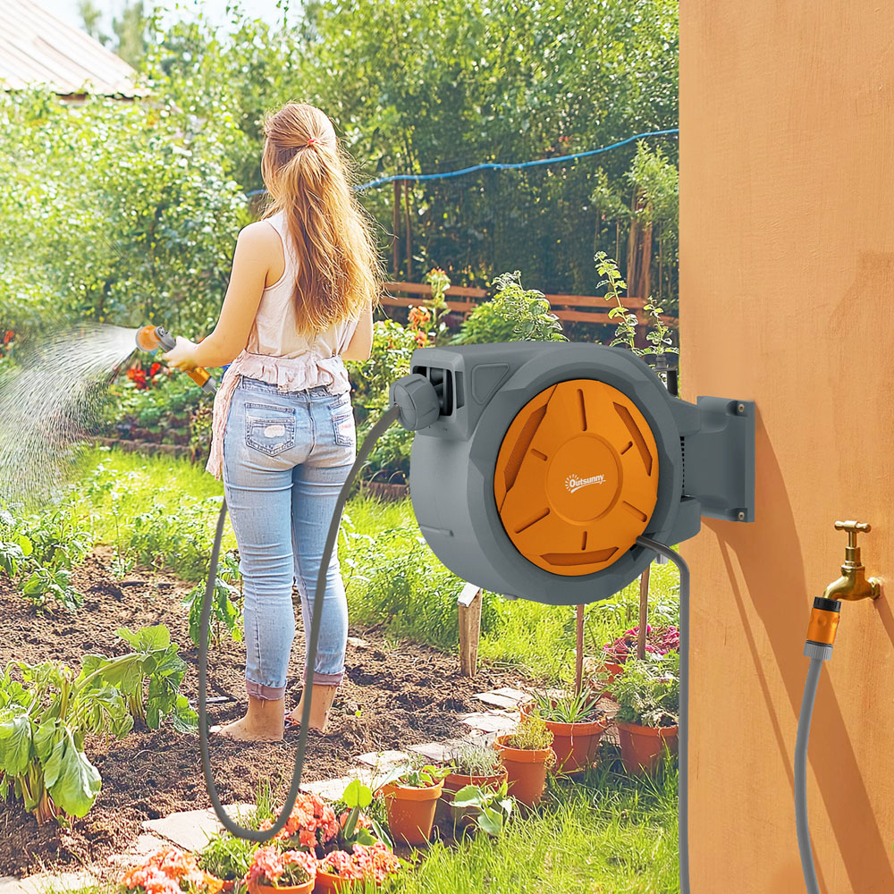 Outsunny Orange Wall Mounted Retractable Hose Reel with Lock Image 2