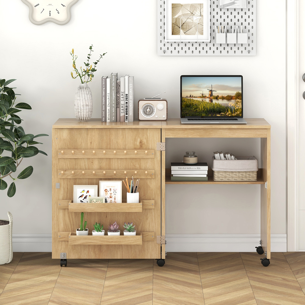 Costway Single Shelf 2 Tray Natural Folding Sewing Table with Wheels Image 4