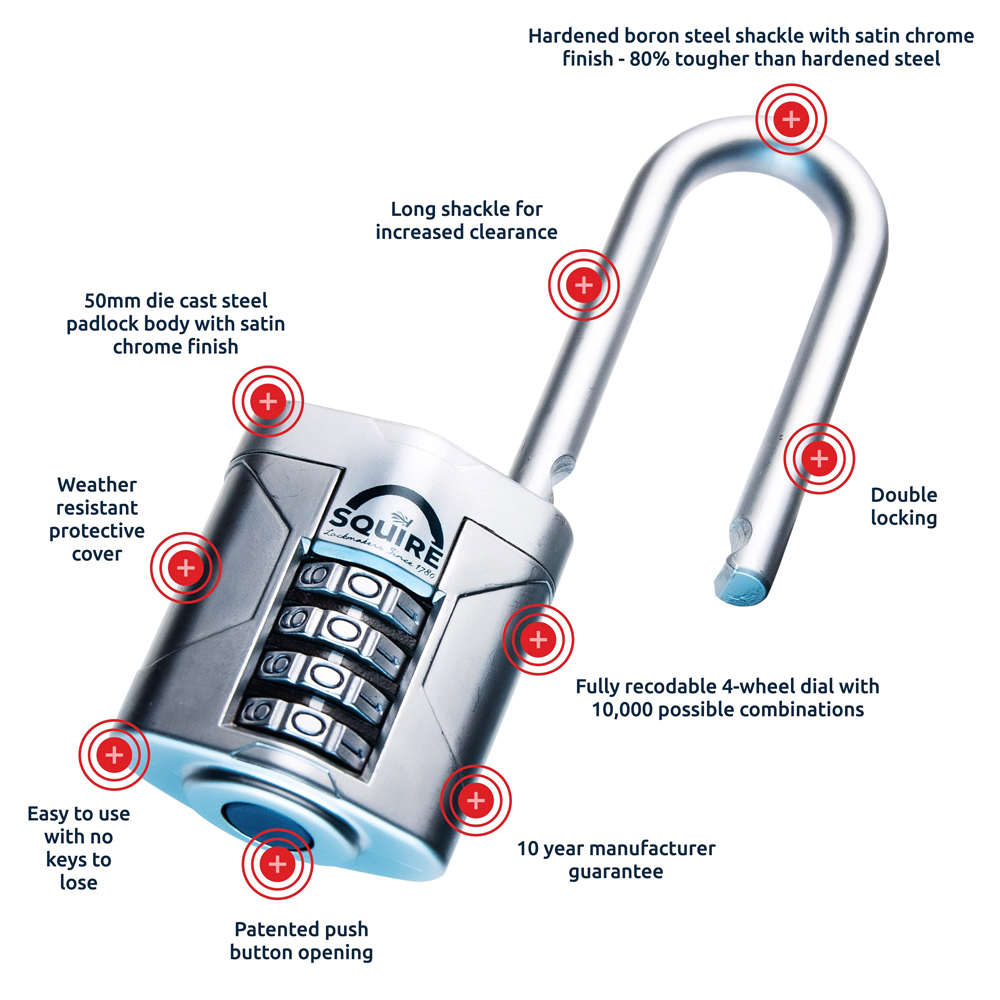 Squire 50mm 4 Wheel Extra Long Boron Shackle Combination Padlock Image 5