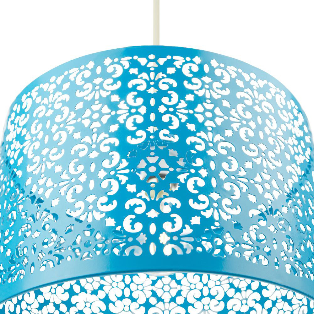 Happy Homewares Matt Teal Metal Marrakech Pendant Shade with Floral Decoration Image 4